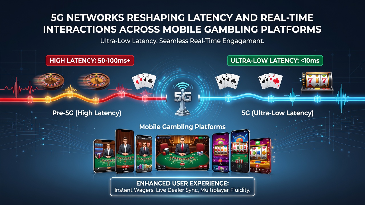 Mobile device displaying a live dealer casino game with low-latency indicators overlaid on the interface