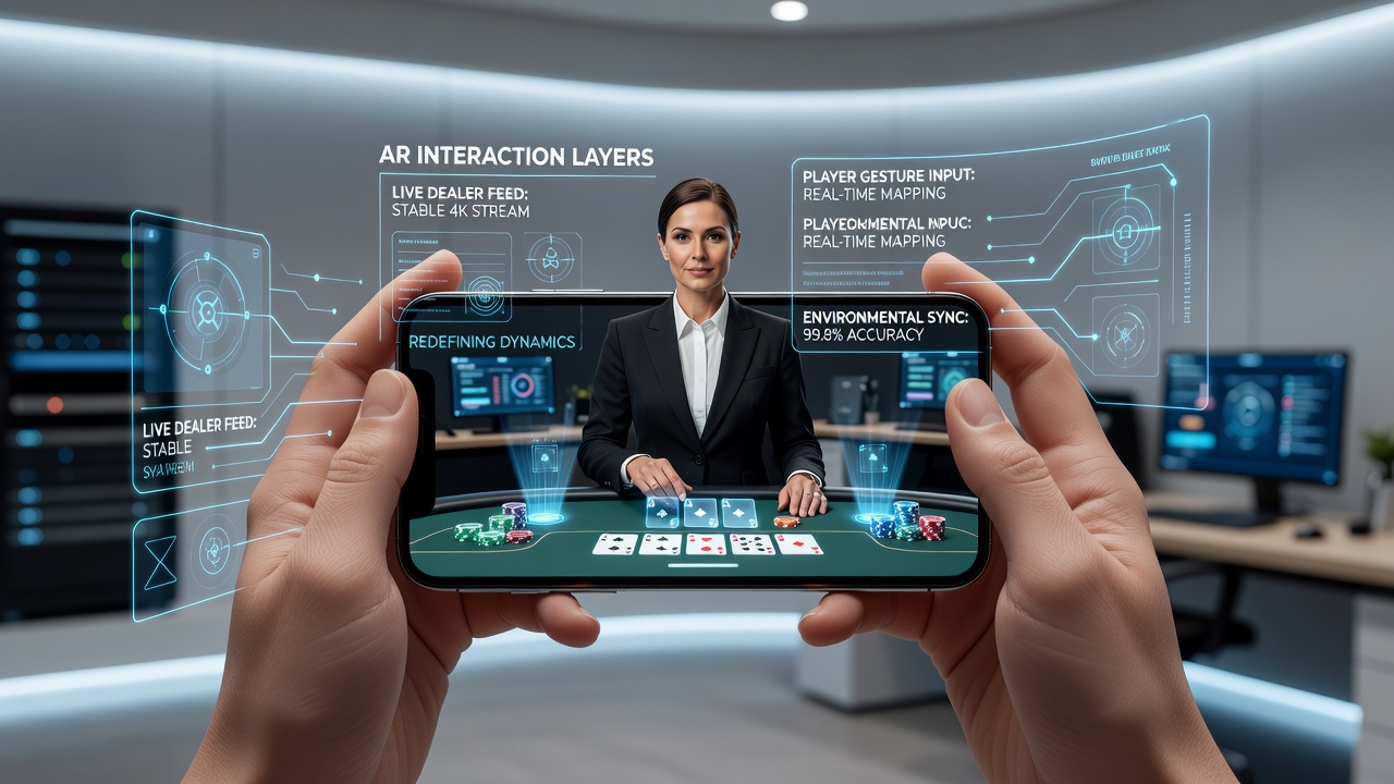 Mobile screen displaying AR-enhanced live dealer table with interactive overlays