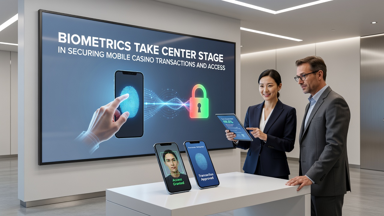 Illustration of encrypted biometric data flow between mobile device and casino server