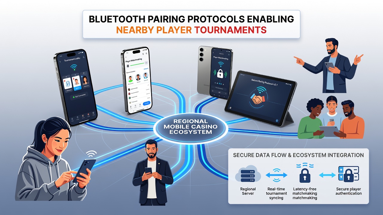 Group of players engaged in a Bluetooth-connected mobile casino tournament in a regional venue