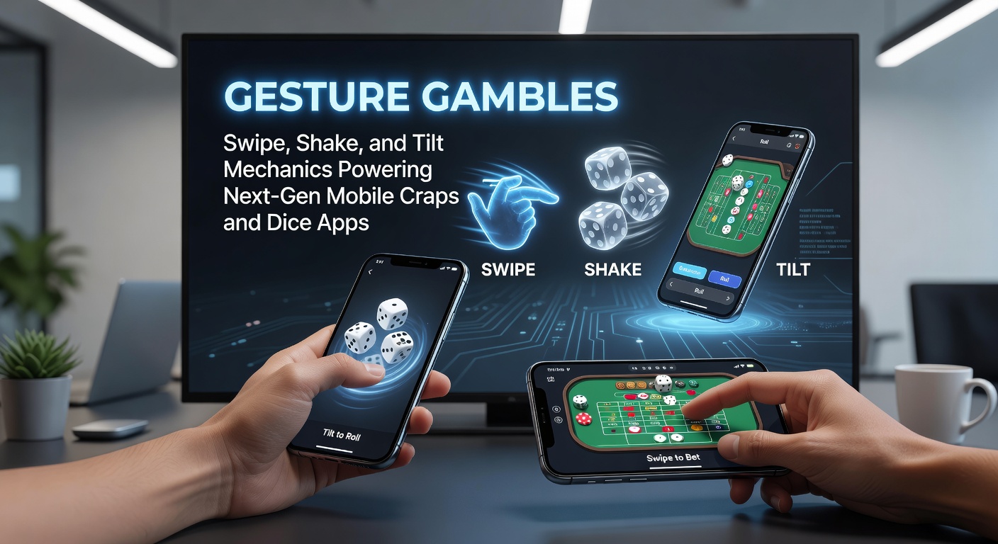 Close-up of a mobile device screen displaying a craps table with overlaid gesture icons for swipe, shake, and tilt actions during gameplay