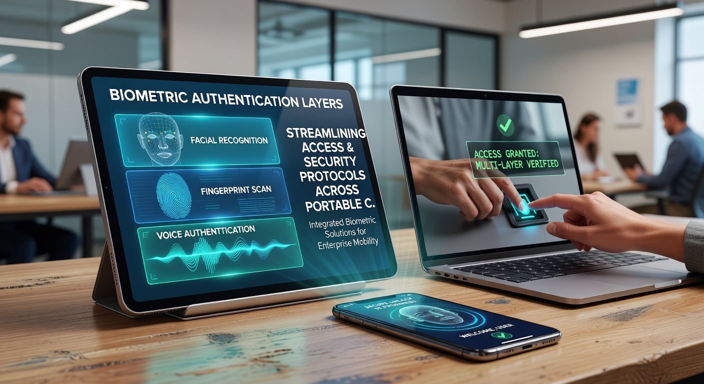 Illustration of layered biometric security checkpoints displayed across a tablet and smartphone interface for casino apps