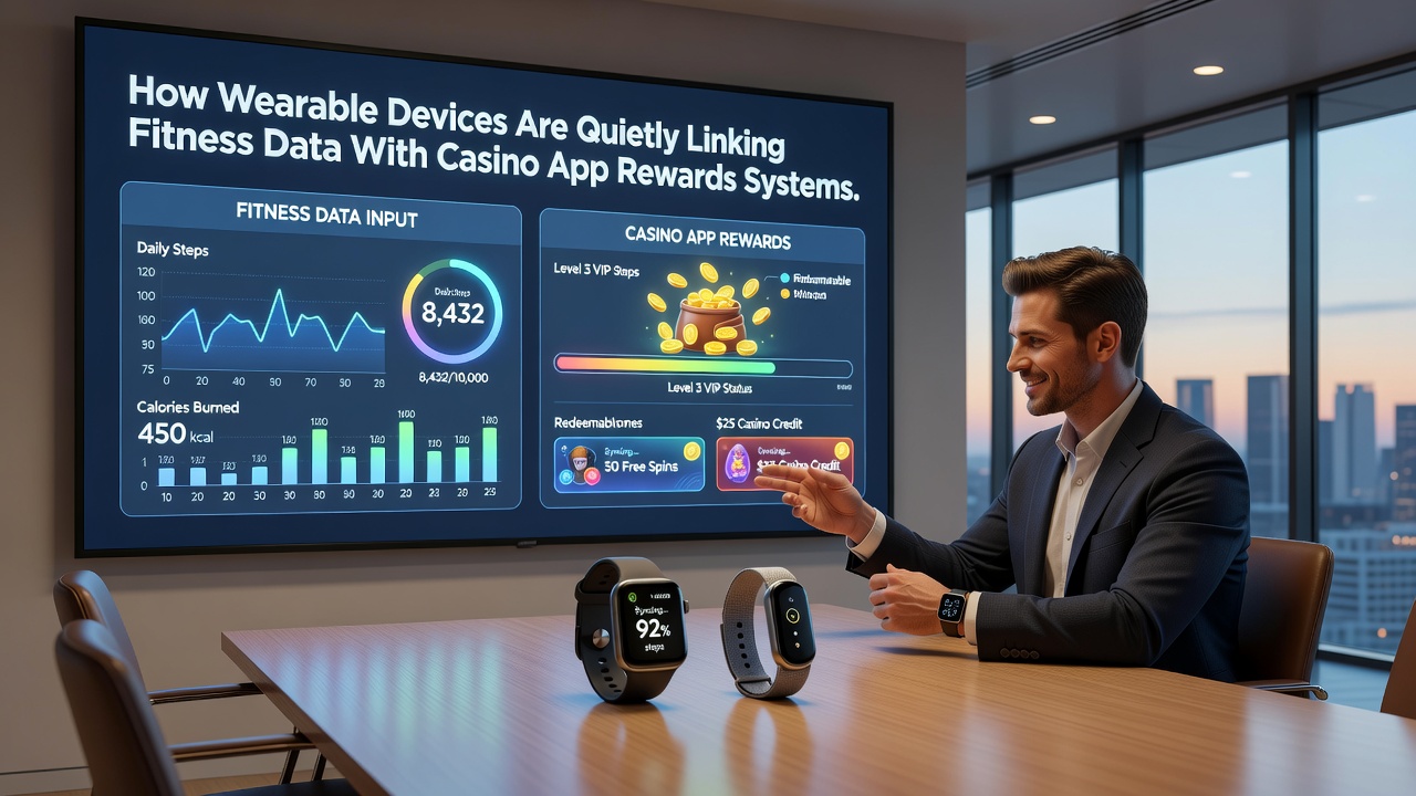 Close-up of a smartwatch displaying fitness stats synced with a casino rewards dashboard on a tablet