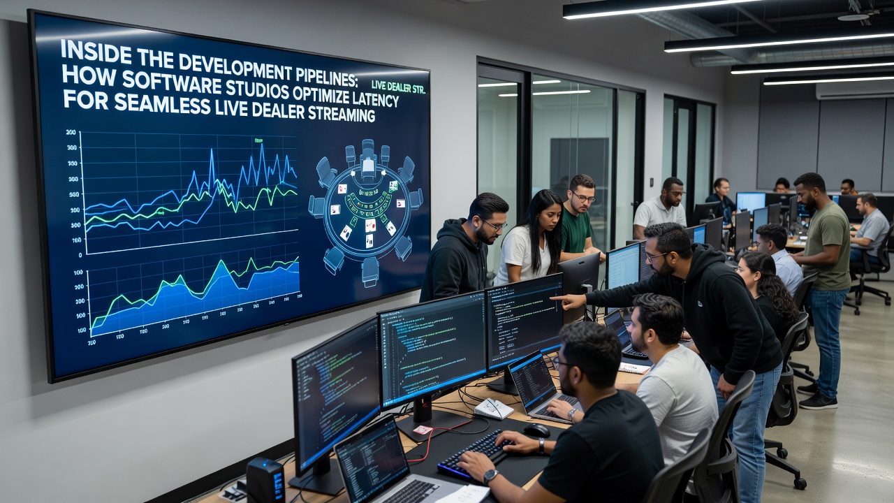 Engineers analyzing latency graphs and network simulation results on large monitors in a software development studio
