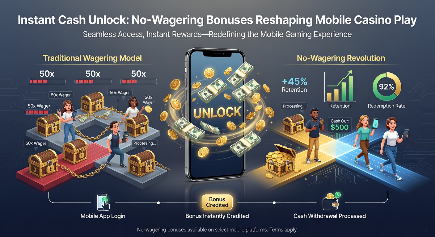 Close-up of a casino app interface showing a no-wagering bonus activation, cash balance increasing, and withdrawal button highlighted