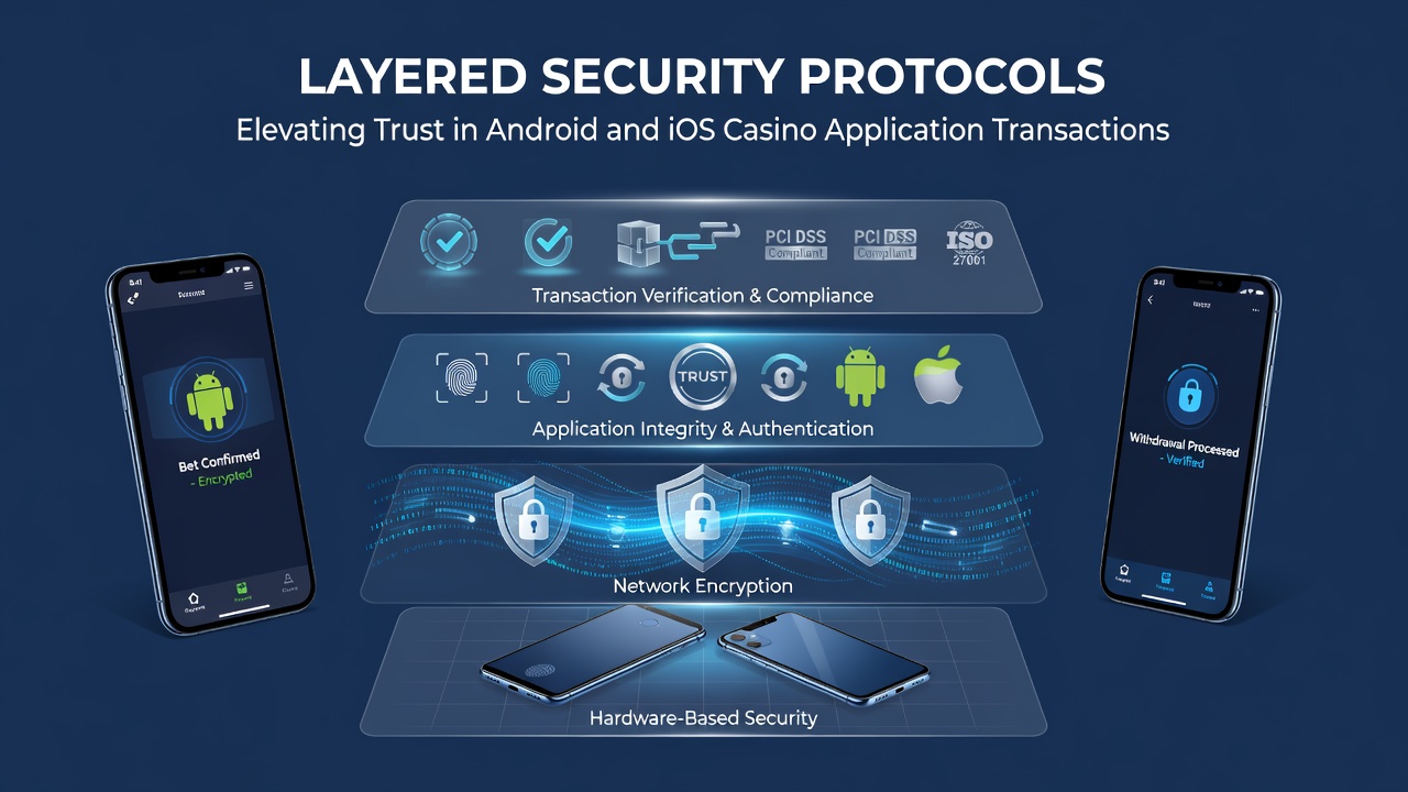Illustration of secure transaction flow with encryption layers and authentication checkpoints in casino mobile apps