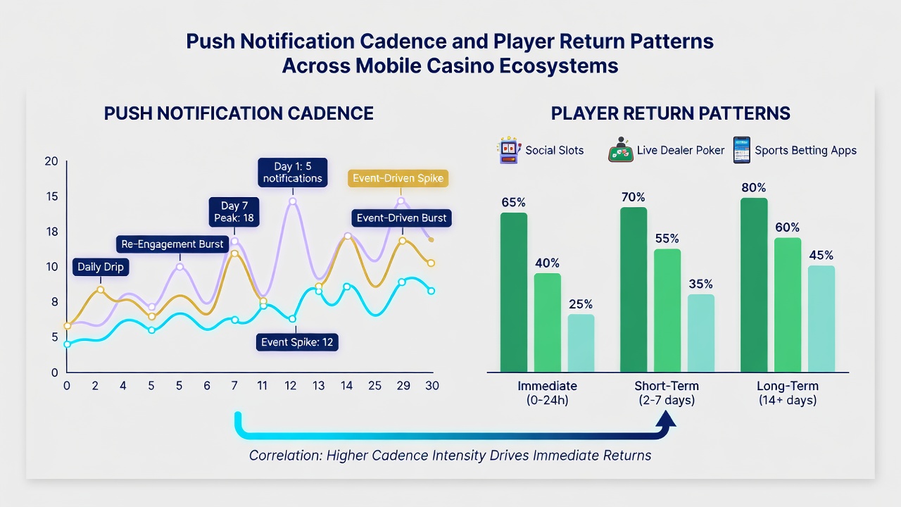 Analytics dashboard showing graphs of player return rates correlated with push notification timing across different mobile casino apps
