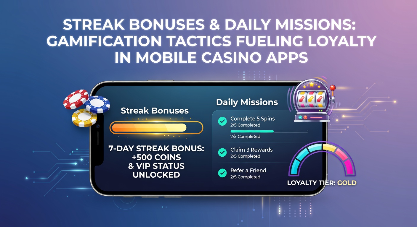 Illustration of a daily mission progress bar in a mobile casino app, with streak counter overlay and reward pop-up