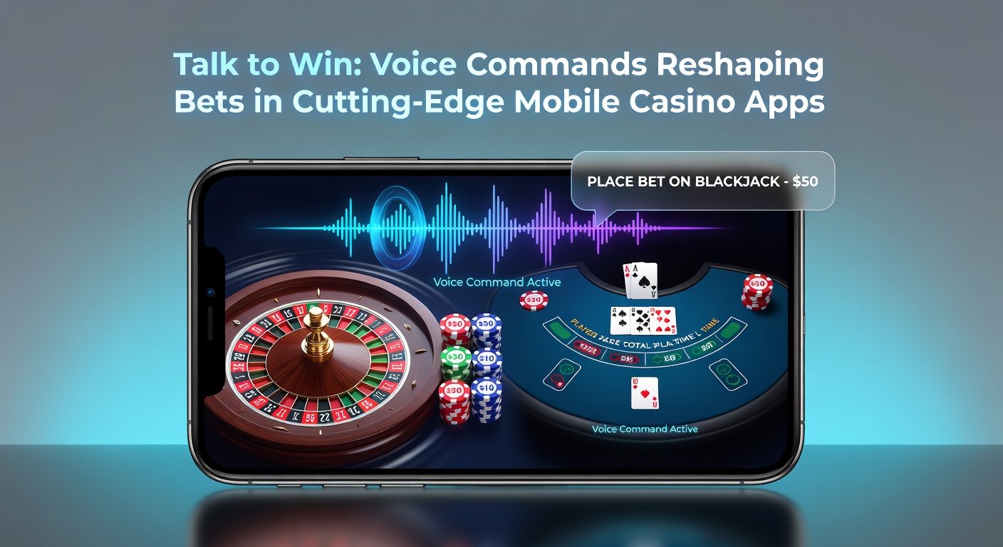 Close-up of a user's hand holding a phone with voice waveform visualization during a live blackjack session, chips stacking via speech command