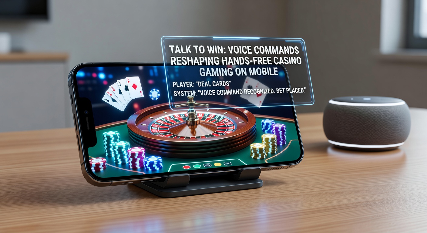 Close-up of a user's hand holding a phone with voice waveform visualization during a mobile blackjack game, highlighting hands-free command execution